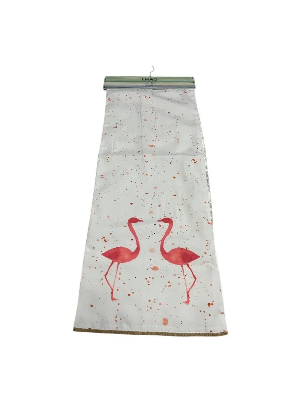 Thro by Marlo Lorenz Flamingo Table Runner 13x72 White Pink Coral Fringe NWT